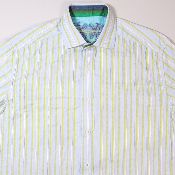 Robert Graham Shirt Long Sleeve Stripe Blue Flip Cuff Mens Large - Picture 4 of 11